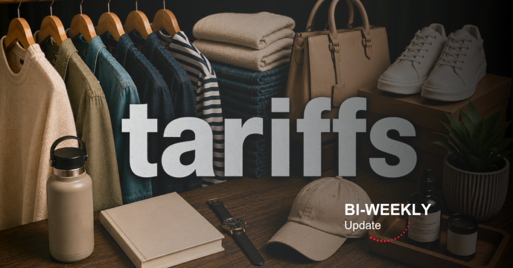 Retail fashion display with hanging clothes, shoes, a bag, and accessories; bold 'tariffs' text overlaid with 'BI-WEEKLY Update'