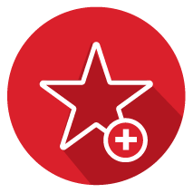 Red circular background with a white star outline and a small plus badge, signaling 'Add to favorites'.