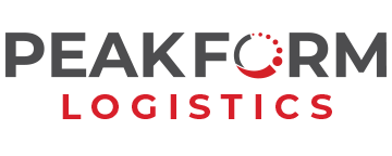 PeakForm Logistics logo: 'PEAKFORM' in gray with a red dotted circle around the O and 'LOGISTICS' in red.