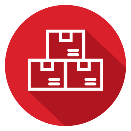 Stack of white cardboard boxes stacked on a red circular background, representing packaging or shipping