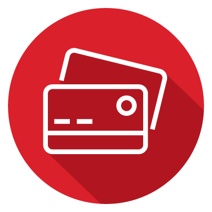 Overlapping white credit card icons on a red circular background.