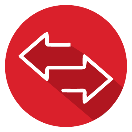 Bidirectional arrows icon for swap on a red circular background.