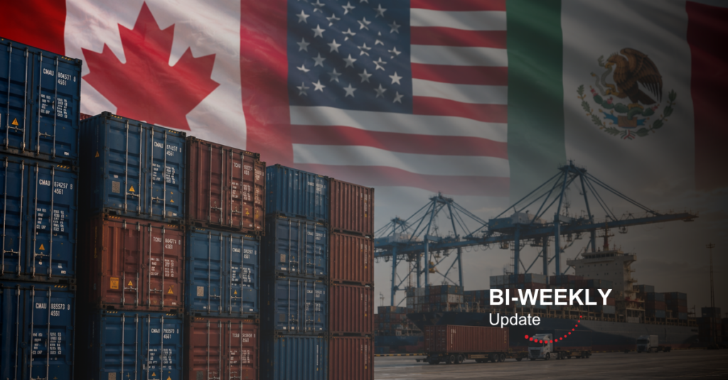 Port scene with stacked shipping containers and cranes overlaid by Canada, US, and Mexico flags; title: BI-WEEKLY Update (overlay).