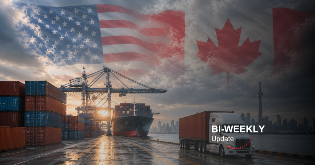 A cargo port scene showing shipping containers, a container ship, a truck, and blended U.S. and Canadian flags in the sky, representing Canada-U.S. trade and logistics.
