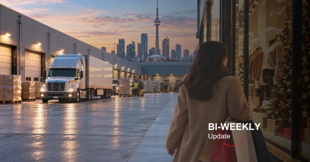 A delivery truck sits outside a modern warehouse at dusk, with the Toronto skyline and CN Tower in the background. A shopper stands beside a retail storefront displaying seasonal merchandise.